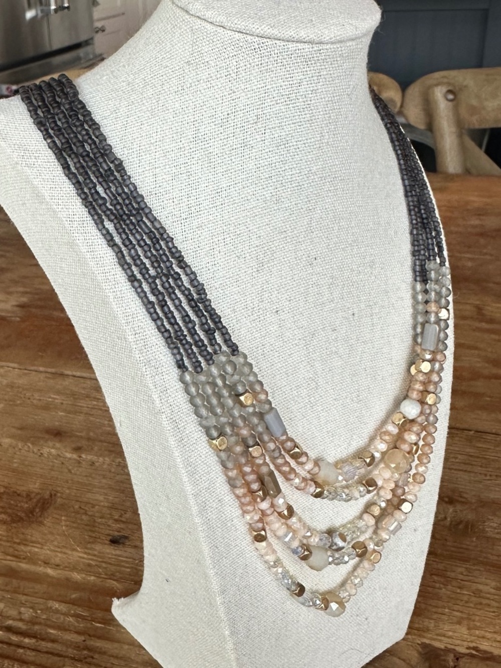 Boho Multi-Strand Gemstone Statement Necklace Gray Gold Blue - Picture 7 of 15